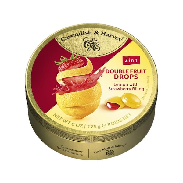 Cavendish & Harvey Double Fruit Lemon Drops Filled With Strawberry 175gm Tin Sweets
