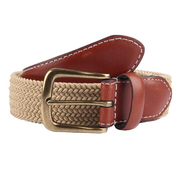 Dents Mens Elastic Stretch Belt Leather End Webbing - Beige Small