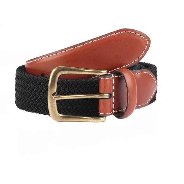Dents Mens Elastic Stretch Belt Leather End Webbing - Black/Cognac X-Large