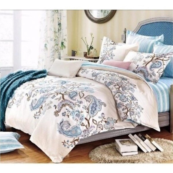 Blue Paisley Design 100% Cotton Quilt Cover Set 300TC Queen