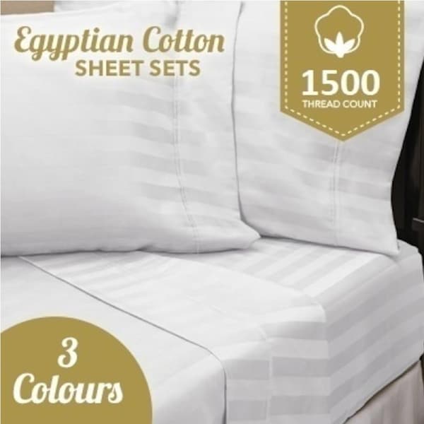 Luxurious 100% Egyptian Cotton Striped Sheet Set 1500TC White / Queen