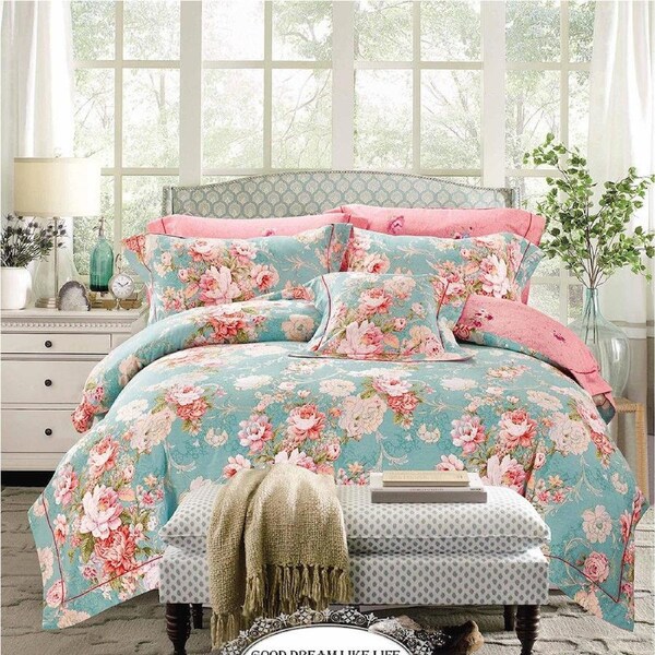 Flora Green Design Quilt Cover Set Queen