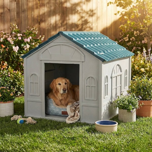 PaWz Dog Kennel House XL Outdoor Plastic Pet Cabin Waterproof - Blue