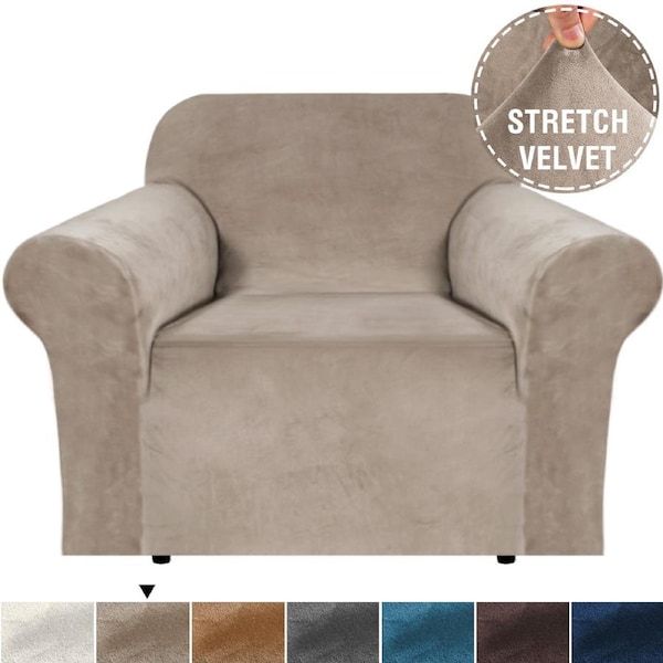 Velvet Plush Sofa Cover Stretch Couch Cover Furniture Protector for 1/2/3 Seater Taupe / 2-Seater Sofa