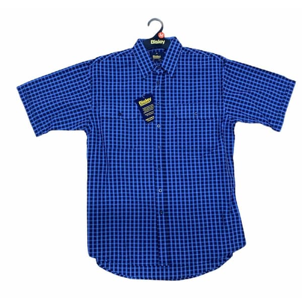 Bisley Mens Short Sleeve Seersucker Shirt Checkered Cotton Blend Casual Business Work - Blue M