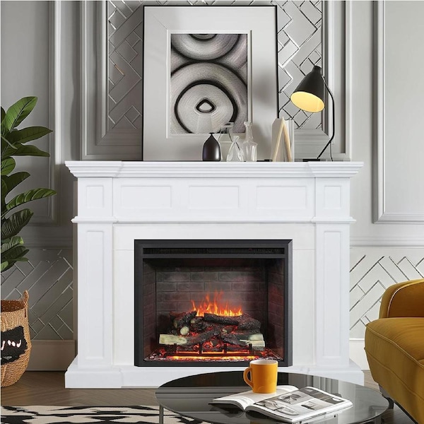 Hudson 2000W Electric Fireplace Heater White Mantel Suite With 30" Primo Insert