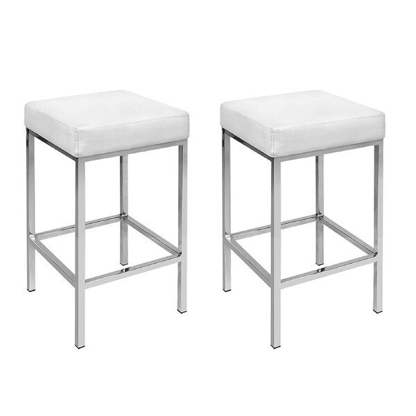 Leather Backless Bar Stools Gas Lift - White and Chrome - Set of 2