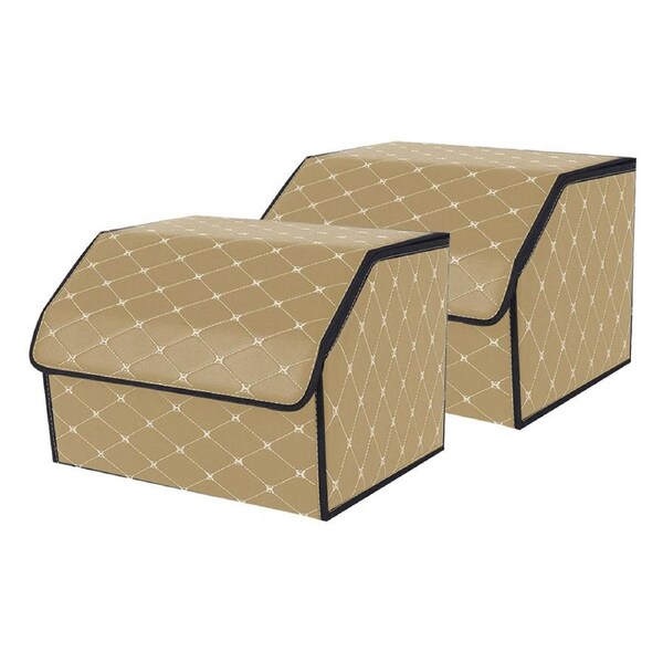 SOGA 2X Leather Car Boot Collapsible Foldable Trunk Cargo Organizer Portable Storage Box Beige/Gold Stitch Medium