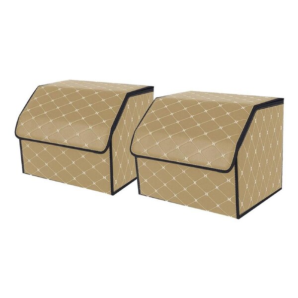 SOGA 2X Leather Car Boot Collapsible Foldable Trunk Cargo Organizer Portable Storage Box Beige/Gold Stitch Small