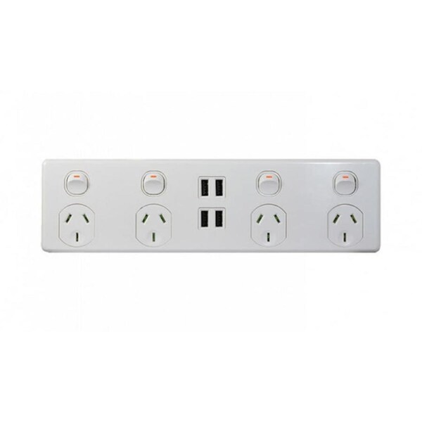 Trader Puma PU4X4 - 4 Gang GPO 10Amp 250v & 4 x 3.1A USB Outlets White