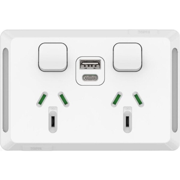 Clipsal Pro Series P3025USBAC-XW - Double Power Point USB A + C - GPO 10Amp 250v Extra Vivid