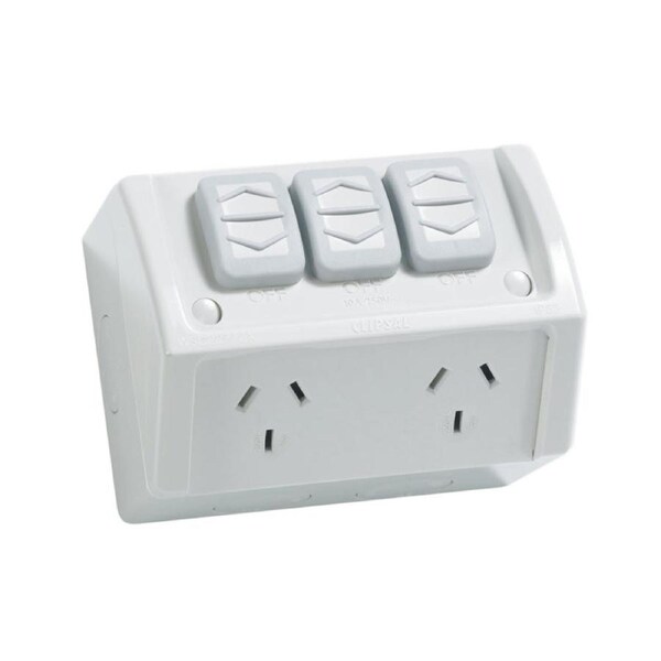 CLIPSAL WSC227-2X - Double Weatherproof Power Point 10amp c/w Extra Switch - Resistant Grey
