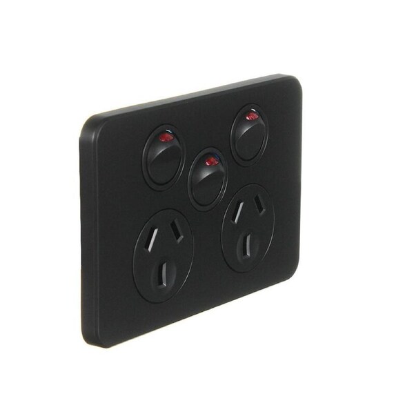 Hager Silhouette WBSP2XS-MB - Double Power Point With Extra Switch 10Amp - Slimline - Matt Black