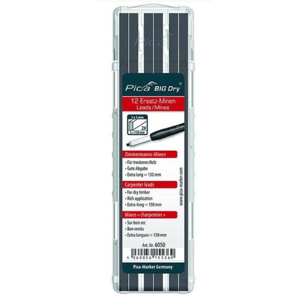 Pica Marker 6050 - Big Dry Longlife Construction Marker Set of 12 Graphite Leads 2H