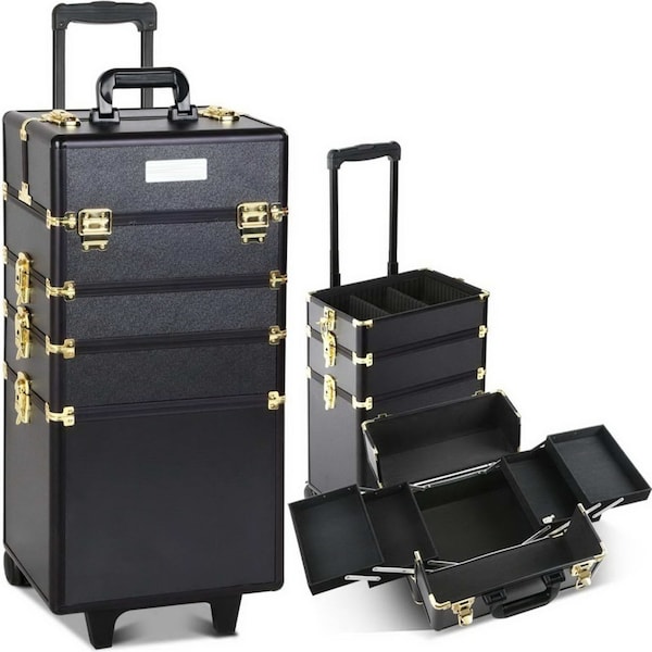 7 in 1 Portable Cosmetic Suitcase Trolley - Black and Gold