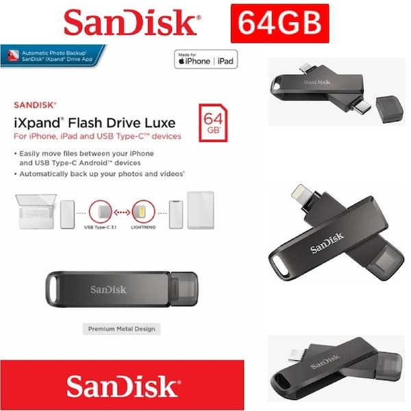 SanDisk 64GB iXpand Luxe Lightning & USB Type-C Flash Drive