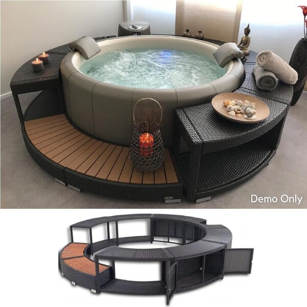 Outdoor Black Poly Rattan Hardwood Spa Hot Tub Pool Surround with Storage Area