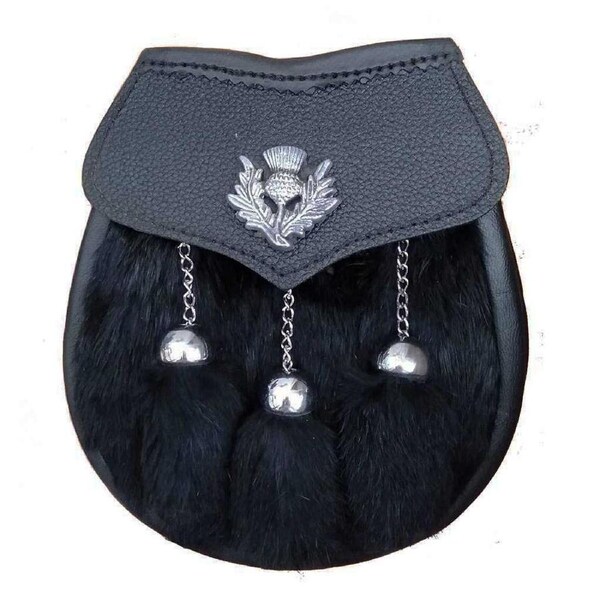 Thistle Mounted Black Rabbit Fur & 3 Tassels Sporran