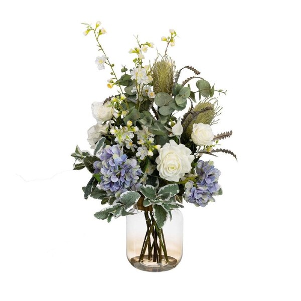 Glamorous Fusion Hydrangea & Banksia Artificial Plant Arrangement 80cm In Glass - Multi Color