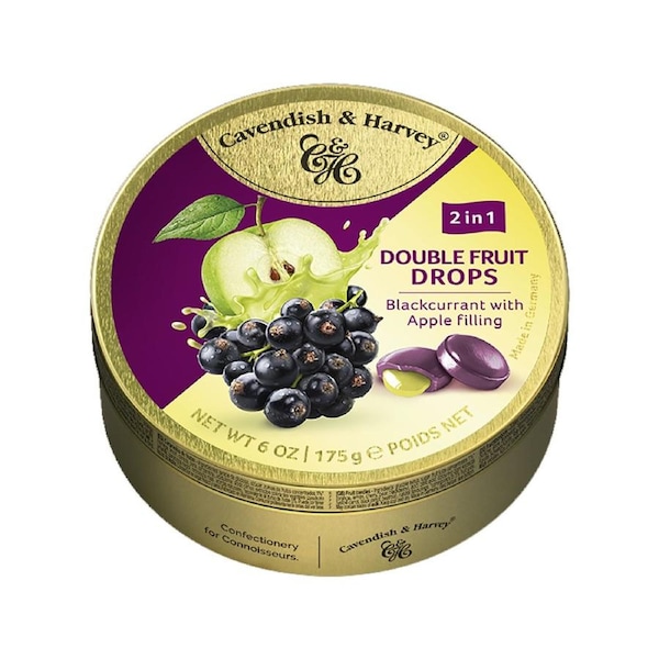 Cavendish & Harvey Double Fruit Blackcurrant Drops Filled With Apple 175gm Tin Sweets