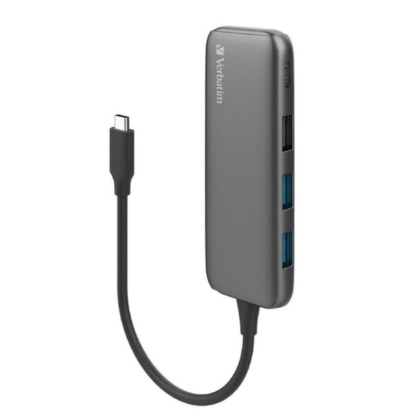 VERBATIM USB-C Hub with 2x USB 3.0, 1x USB 2.0 & 1x USB C port - Space Grey