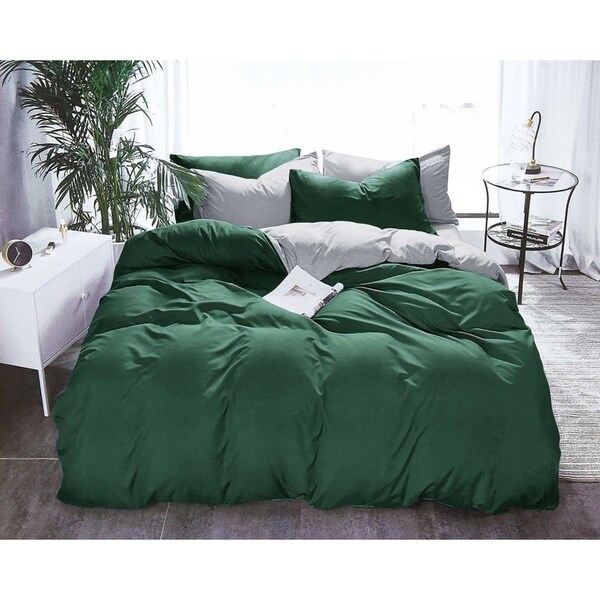 Reversible Super Soft Queen Size Quilt/Duvet Cover & 2 Pillowcases Set - Green and Grey