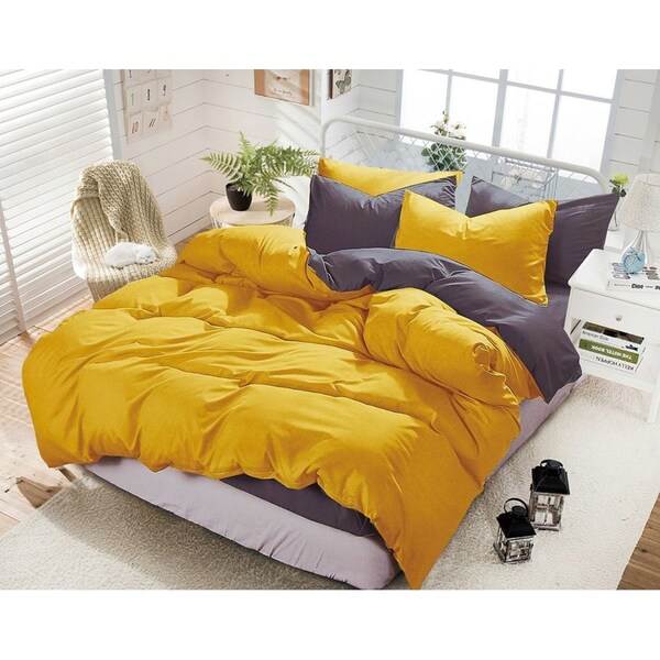 Reversible Super Soft Queen Size Quilt/Duvet Cover & 2 Pillowcases Set - Yellow and Grey