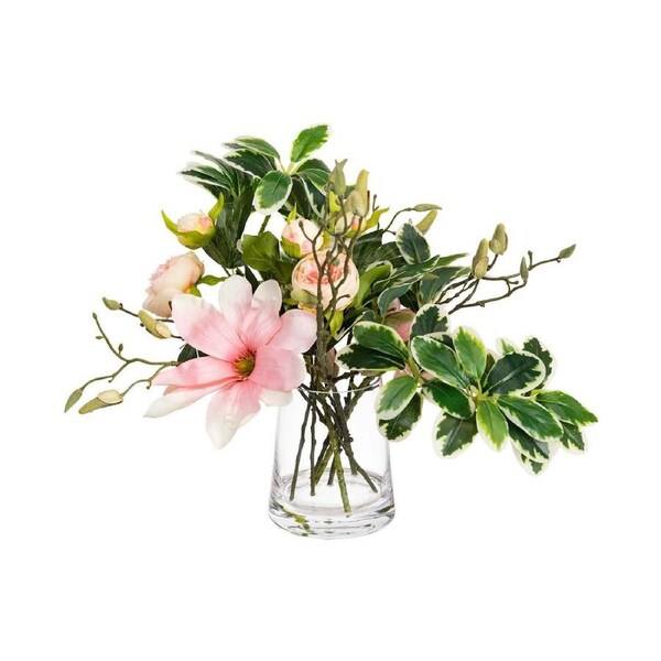 50cm Faux Magnolia Arrangement in Glass Vase Artificial Plant Flower Tree Fake
