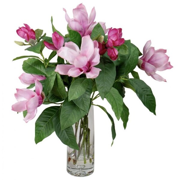 60cm Faux Pink Magnolia Liliflora in Glass Vase Artificial Plant Flower Tree Fake