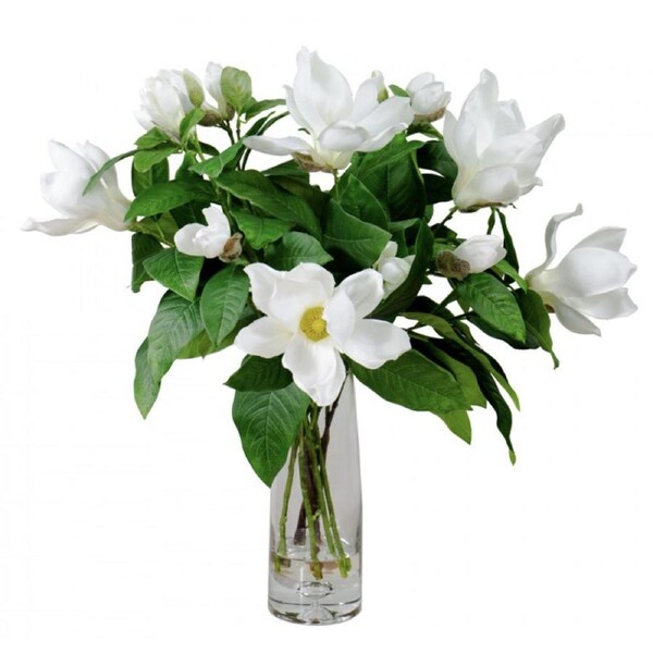 60cm Faux White Magnolia Liliflora in Glass Vase Artificial Plant Flower Tree Fake