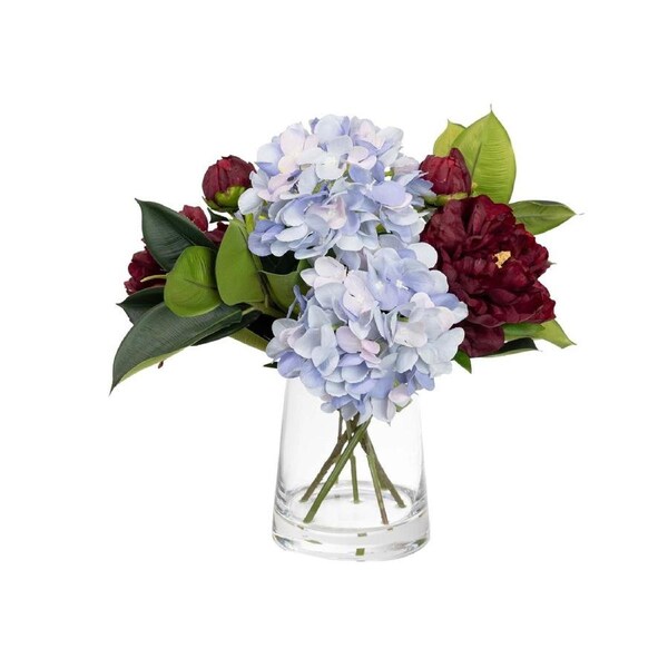 47cm Magnolia & Hydrangea Arrangement in Glass Vase Artificial Plant Flower Tree Fake
