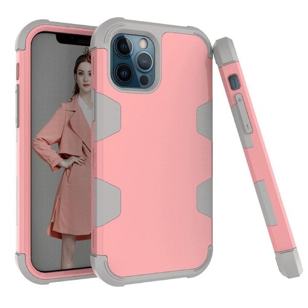 For iPhone 12 / 12 Pro Case Armored 3-Layer Cover, Rose Gold & Grey