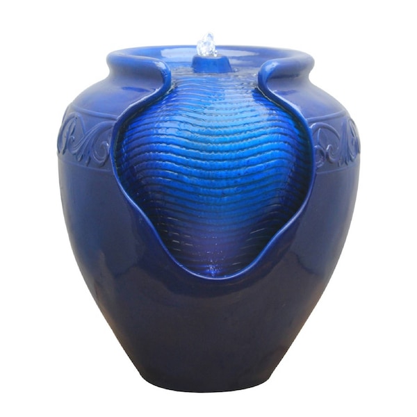 Teamson Home Glazed Pot Indoor Outdoor Water Fountain with LED Lights 43cm, Blue