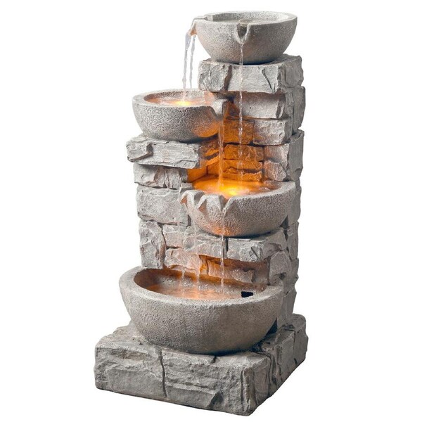 Teamson Home Outdoor Water Fountain Cascading Bowls Waterfall with LED Lights, Grey