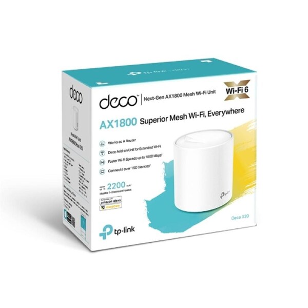 TP-LINK DecoDeco X20 1-packAX1800 Whole Home Mesh Wi-Fi 6 System, Up To 200 sqm Coverage, WIFI6, 1201Mbps @ 5Ghz, 574Mbps @ 2.4 GHz OFDMA, MU-MIMO