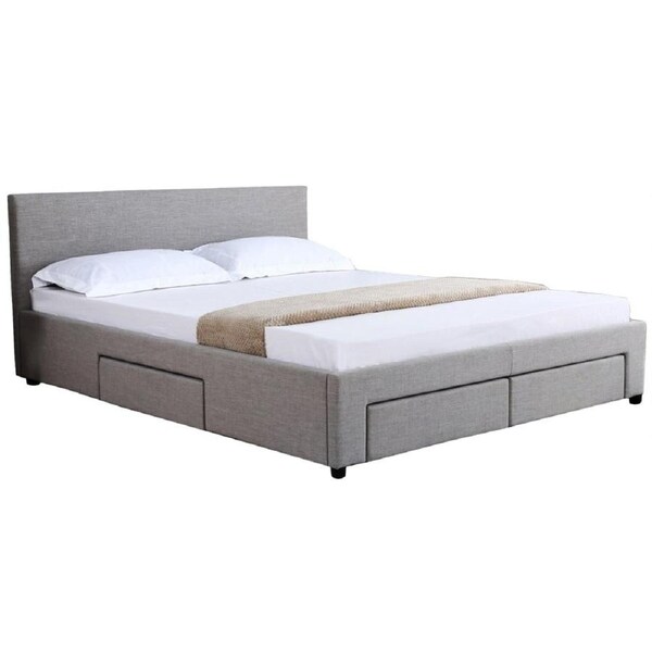 Design Square Fabric Queen Bed Frame Headboard With Storage Drawers - Grey