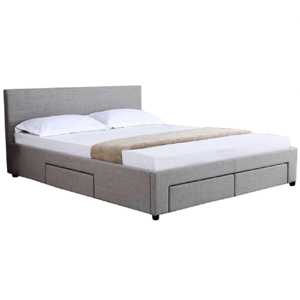 Design Square Fabric Double Bed Frame Headboard With Storage Drawers - Grey