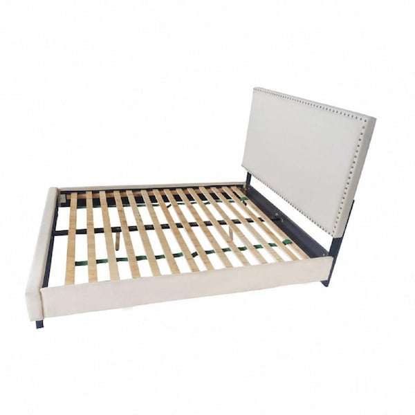 Design Square Fabric Double Bed Frame With Headboard - Beige