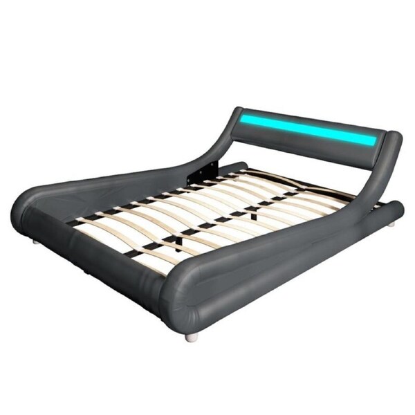 Design Square Modern Designer Queen PU Leather Bed Frame With LED Light - Grey