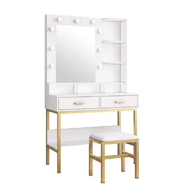 Large Dressing Table and Stool Set Vanity Makeup Dresser Table Set with 9 LED Lighted Mirror