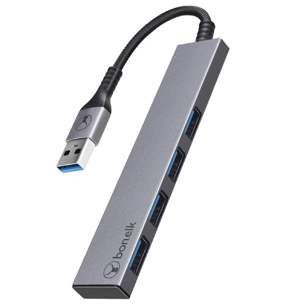 Bonelk Long Life USB Hub 3.0 Slim USB-A to 4 Port Portable Adapter Space Grey