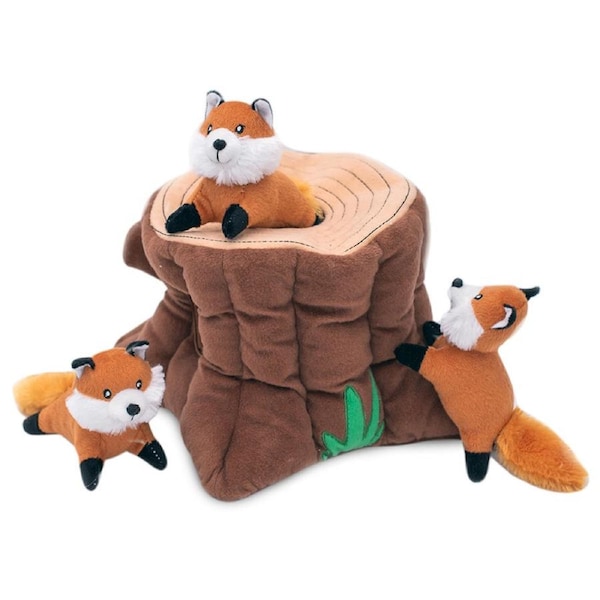 Zippy Paws Zippy Burrow Interactive Dog Toy - Fox Stump + 3 Foxes