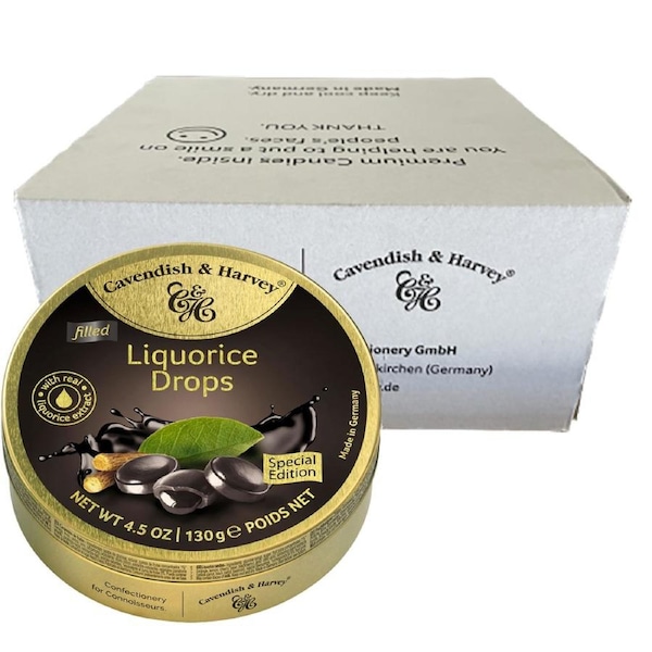 Cavendish & Harvey Liquorice Filled Drops 130g Tin Sweets Candy Lollies x 12