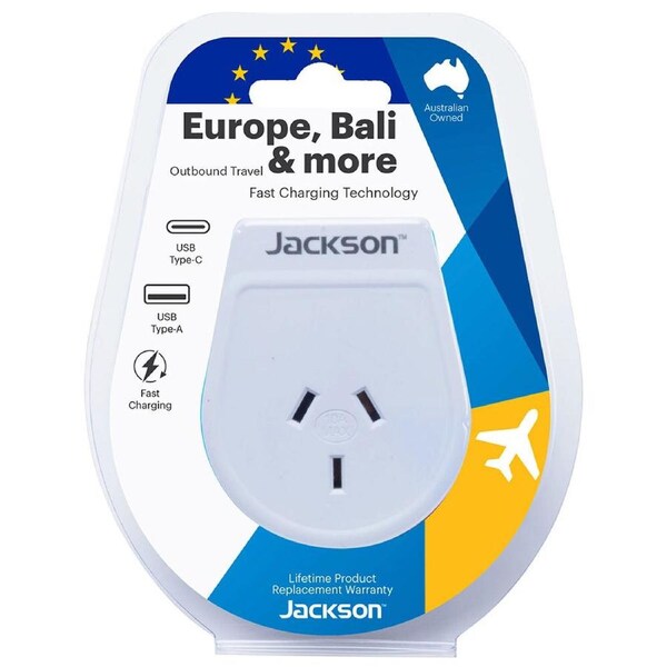 Jackson Travel Power Adaptor AUS/NZ To Europe & Bali w/ USB Type A/Type C