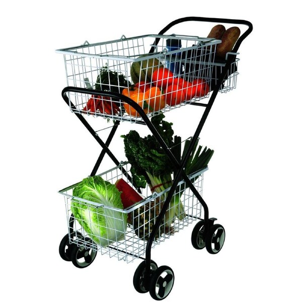 Shopping Trolley Folding Cart with 3 Baskets Swivel Wheels Deluxe