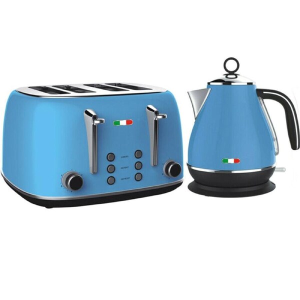 Vintage Sky Blue Electric Kettle & 4-Slice Toaster Set - Retro Stainless Steel Kitchen Combo, 1.7L Fast Boil Kettle + Adjustable Browning Toaster, Italian Design, Cordless, Reheat & Defrost Functions