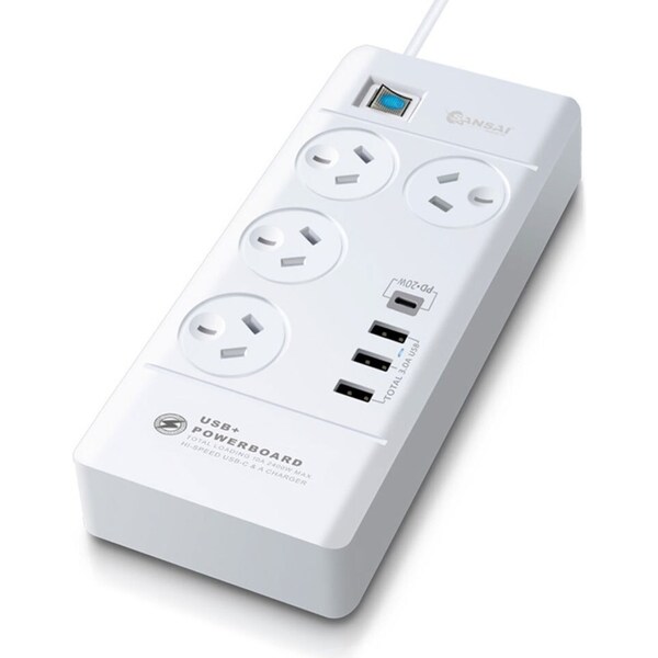 Sansai 4-Way Outlet 2400W Surge Protector Power Board/USB-A/USB-C Charger Ports