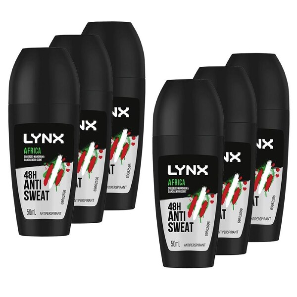 6x Lynx Men 50ml Antiperspirant Roll On 48Hr Sweat Protection f/Underarms Africa