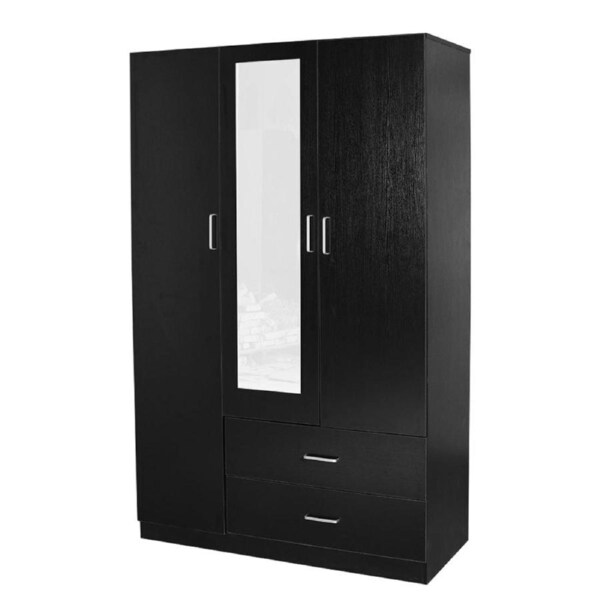 Design Square Modern 3-Door 2-Drawers Wardrobe Closet Clothes Storage Cabinet With Mirror - Black