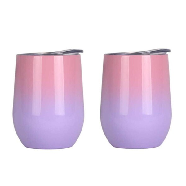 Stainless Steel Wine Tumbler with Lids, Double Wall Vacuum Insulated Travel Cup for Cocktail, Drink, Coffee, Tea and Beer 360ml - 2PACK - Pink with Purple